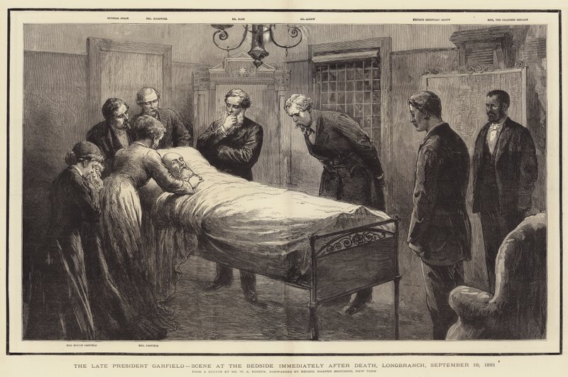 Zesnulý prezident Garfield, scéna u sochy bezprostředně po smrti, Longbranch, 19. září 1881 od William Allen Rogers