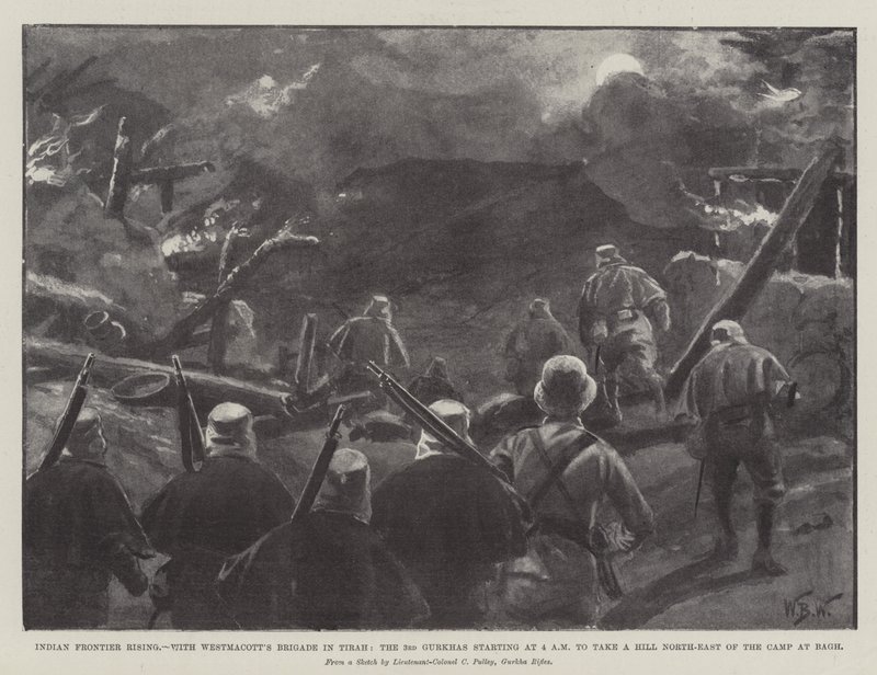Indian Frontier Rising, s Westmacottovou brigádou v Tirah, 3. Gurkhové začínají ve 4:00, aby obsadili kopec severovýchodně od tábora v Baghu od William Barnes Wollen