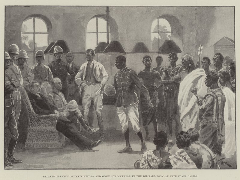 Palaver mezi Ashanti Envoys a guvernérem Maxwellem v kulečníkovém sále na Cape Coast Castle od William Barnes Wollen