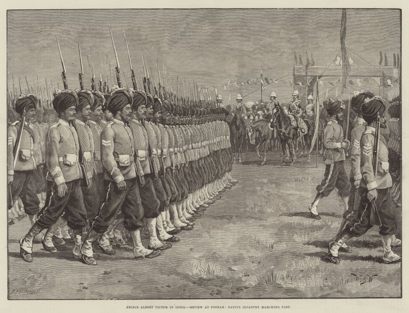 Prince Albert Victor v Indii, recenze v Poonah, domorodá pěchota pochodující minulostí od William Barnes Wollen
