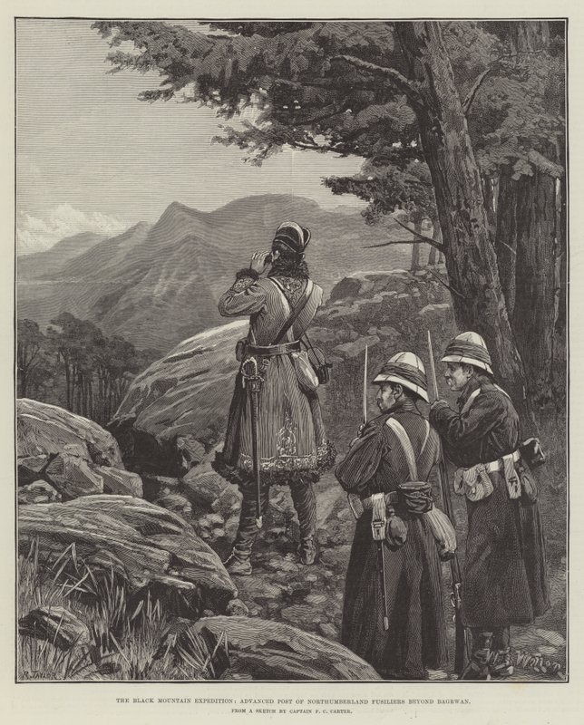 Expedice Černá hora, předsunuté stanoviště Northumberlandských fusilierů za Bagrwanem od William Barnes Wollen