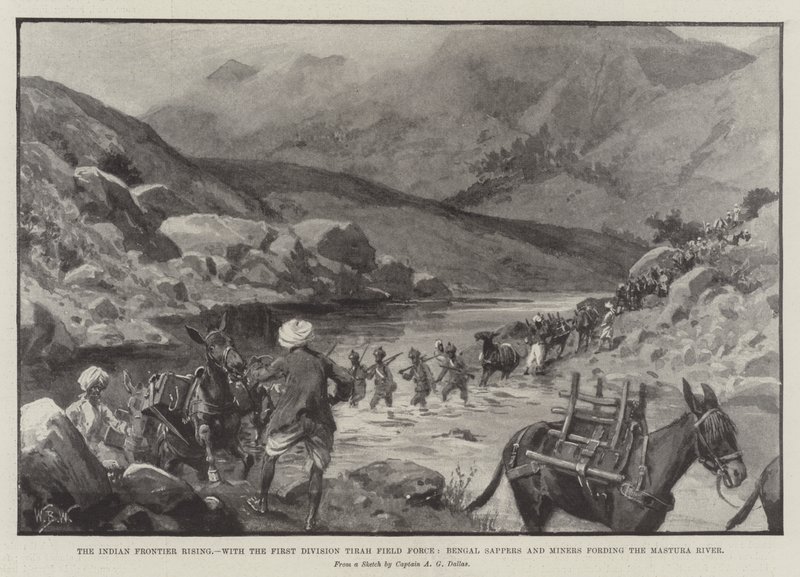 Povstání indických hranic s první divizí Tirah Field Force, bengálskými ženisty a horníky brodící řeku Mastura od William Barnes Wollen