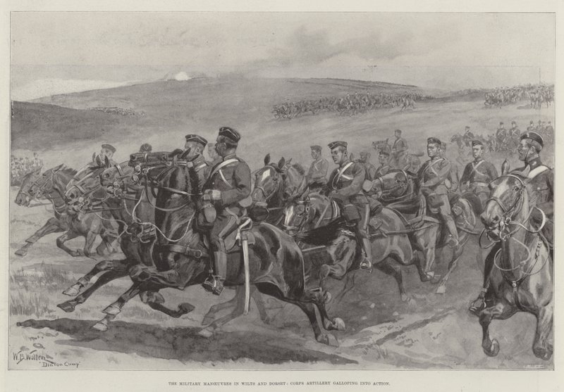 Vojenské manévry ve Wilts a Dorset, sborové dělostřelectvo cválající do akce od William Barnes Wollen