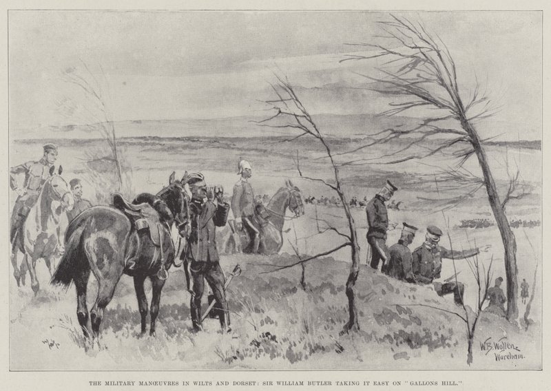 Vojenské manévry ve Wilts a Dorset, sir William Butler s klidem na Gallons Hill od William Barnes Wollen