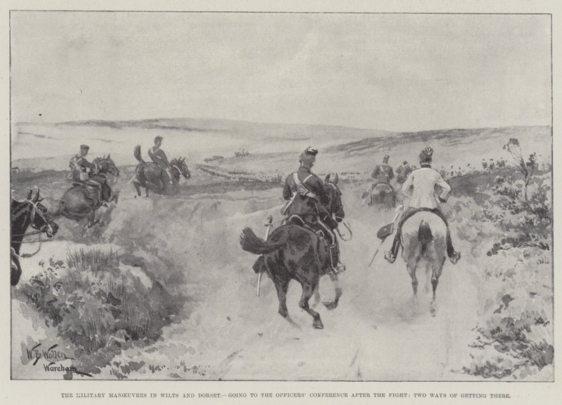 Vojenské manévry ve Wilts a Dorset, přechod na důstojnickou konferenci po boji, dva způsoby, jak se tam dostat od William Barnes Wollen