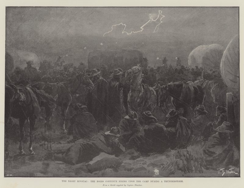Noční bivak, Búrové pokračují v palbě na tábor během bouřky od William Barnes Wollen