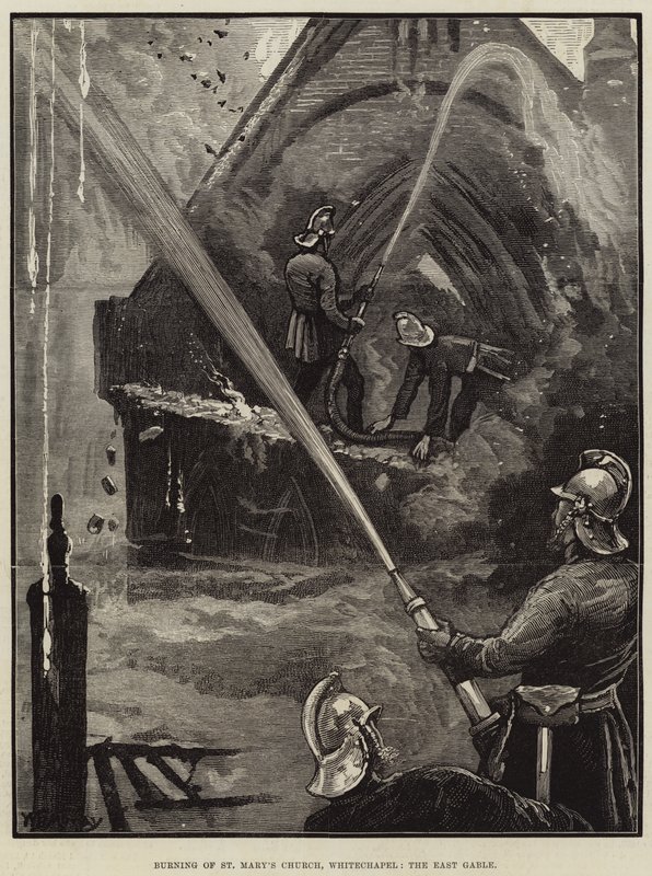 Vypálení kostela Panny Marie, Whitechapel, východní štít od William Bazett Murray