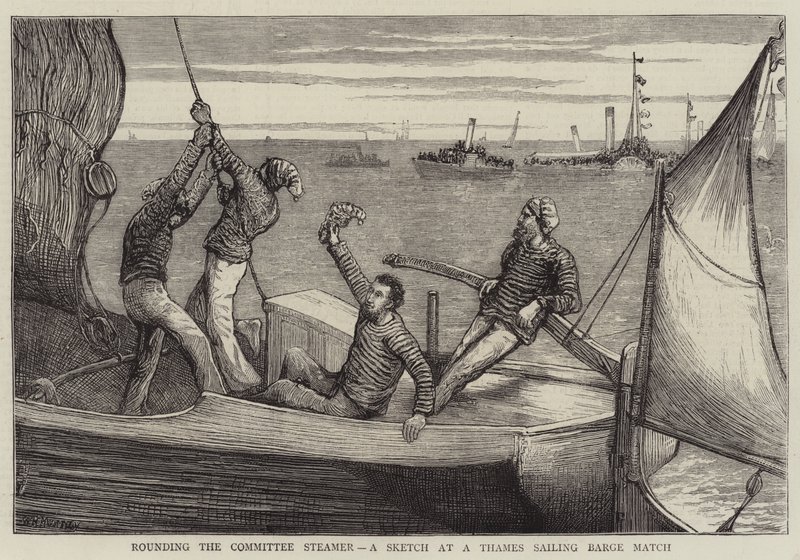 Kolem parníku výboru, náčrt zápasu na plavebním člunu Thames Sailing Barge od William Bazett Murray
