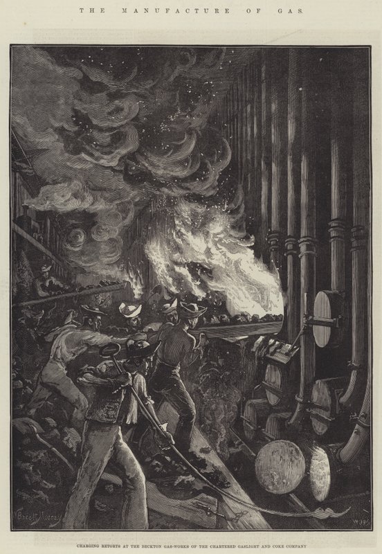 Výroba plynu, plnění retort v Beckton Gas-Works společnosti Chartered Gaslight and Coke Company od William Bazett Murray