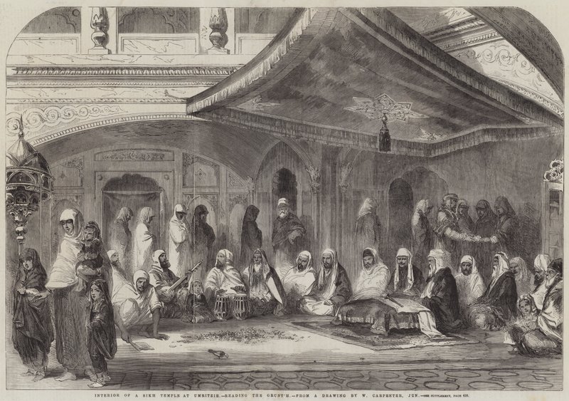 Interiér sikhského chrámu v Umritziru, čtení Grunt