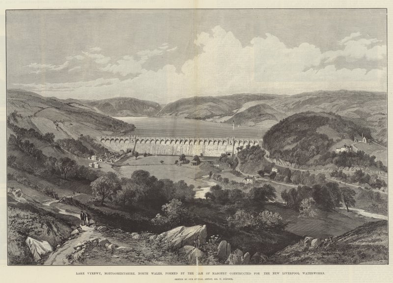 Jezero Vyrnwy, Montgomeryshire, Severní Wales, tvořené přehradou zdiva postavenou pro New Liverpool Waterworks od William Crimea Simpson