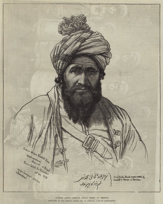 Sirdar Abdul Khalik Khan, náčelník Bezootu od William Crimea Simpson