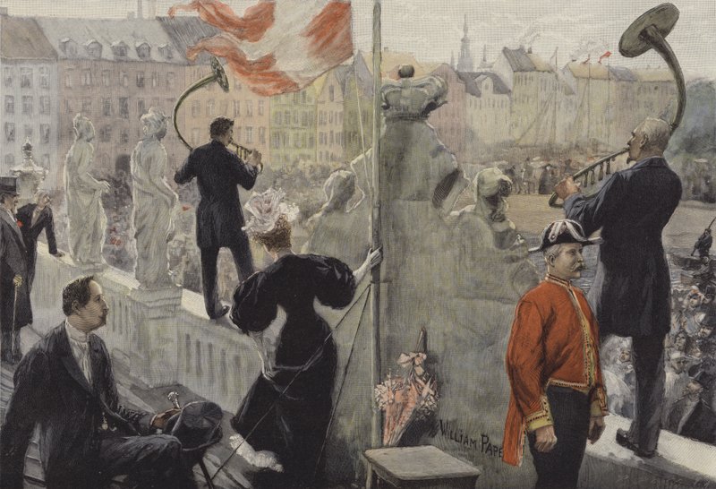 Trumpetisté na střeše Etnografického muzea v Kodani na svátek slunovratu od William Friedrich Georg Pape
