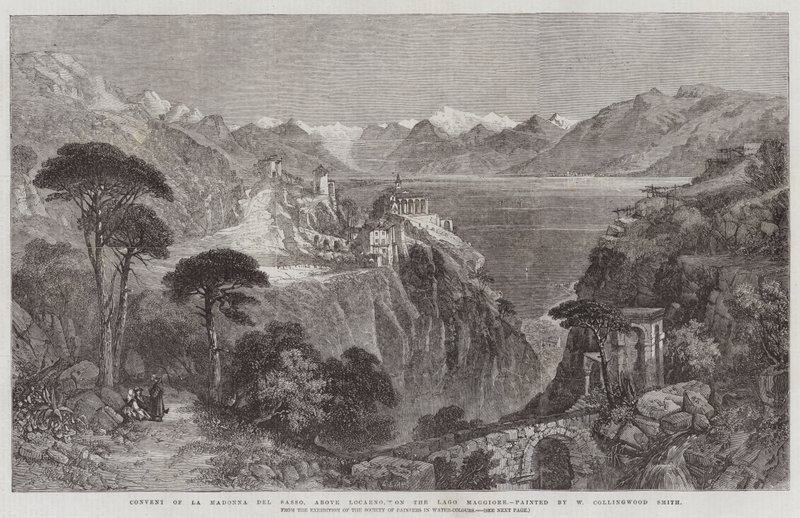 Klášter La Madonna del Sasso nad Locarnem na Lago Maggiore, z výstavy Společnosti malířů akvarelem od William Harding Collingwood Smith