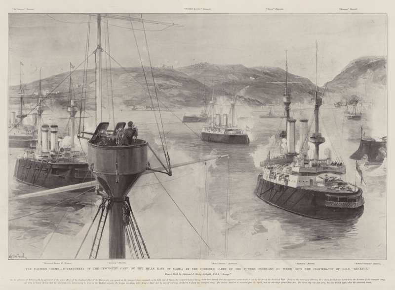 Východní krize, bombardování povstaleckého tábora na kopcích východně od Canea spojeným loďstvem velmocí, 21. února, scéna z bojové lodi HMS Revenge od William Heysham Overend