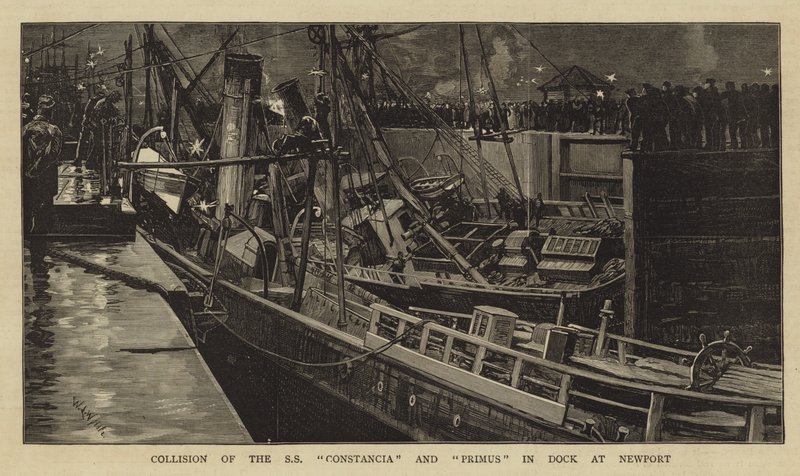 Srážka SS Constancia a Primus v doku v Newportu od William Lionel Wyllie