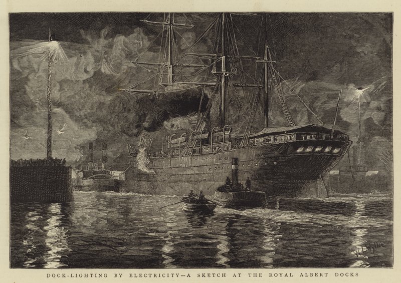 Dock-Lighting by Electricity, skica v Royal Albert Docks od William Lionel Wyllie