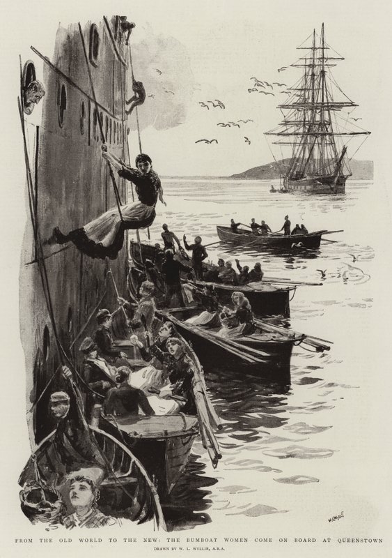 Ze Starého světa do Nového přicházejí Bumboat Women na palubu v Queenstownu od William Lionel Wyllie