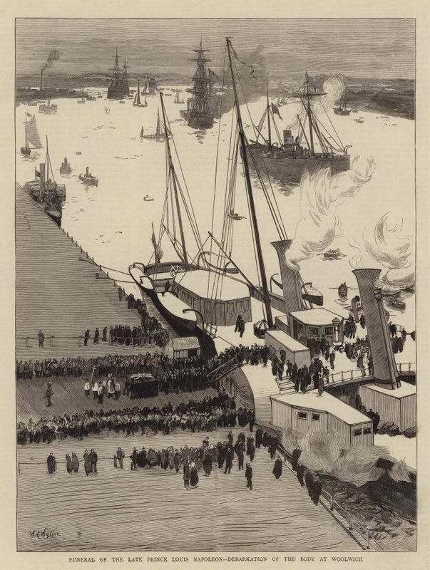 Pohřeb zesnulého prince Louise Napoleona, Debarkation of the Body at Woolwich od William Lionel Wyllie