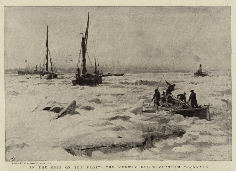 V Grip of the Frost, Medway pod Chatham Dockyard od William Lionel Wyllie