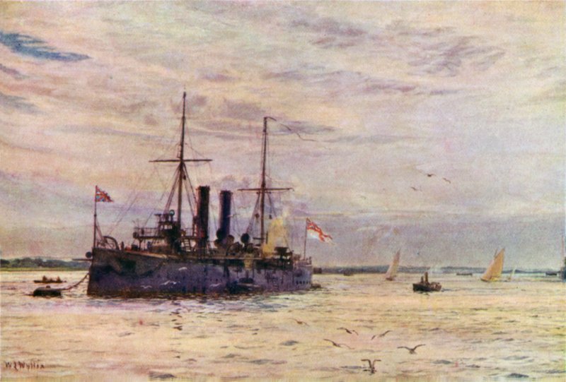 Křižník druhé třídy z éry Naval Defense Act, nyní přeměněný na minovou vrstvu od William Lionel Wyllie