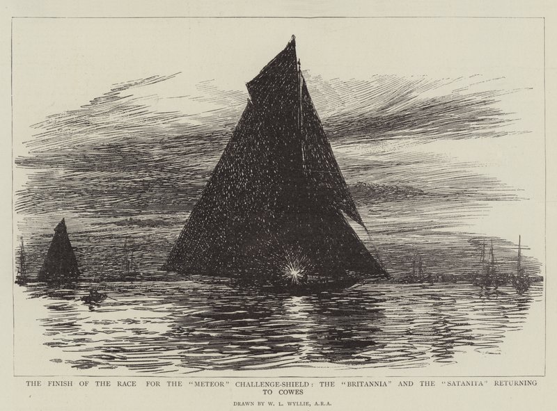Cíl závodu pro Meteor Challenge-Shield, Britannia a Satanita se vrací do Cowes od William Lionel Wyllie