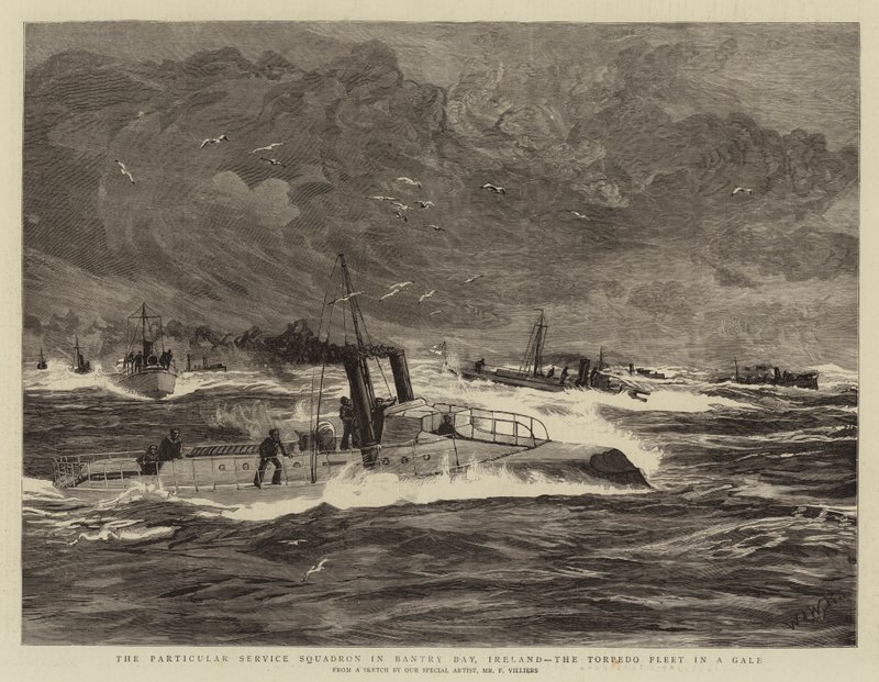 Zvláštní servisní eskadra v Bantry Bay, Irsko, flotila torpéd ve vichřici od William Lionel Wyllie