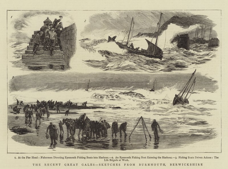 Nedávné velké vichřice, náčrtky z Burnmouthu, Berwickshire od William Lionel Wyllie