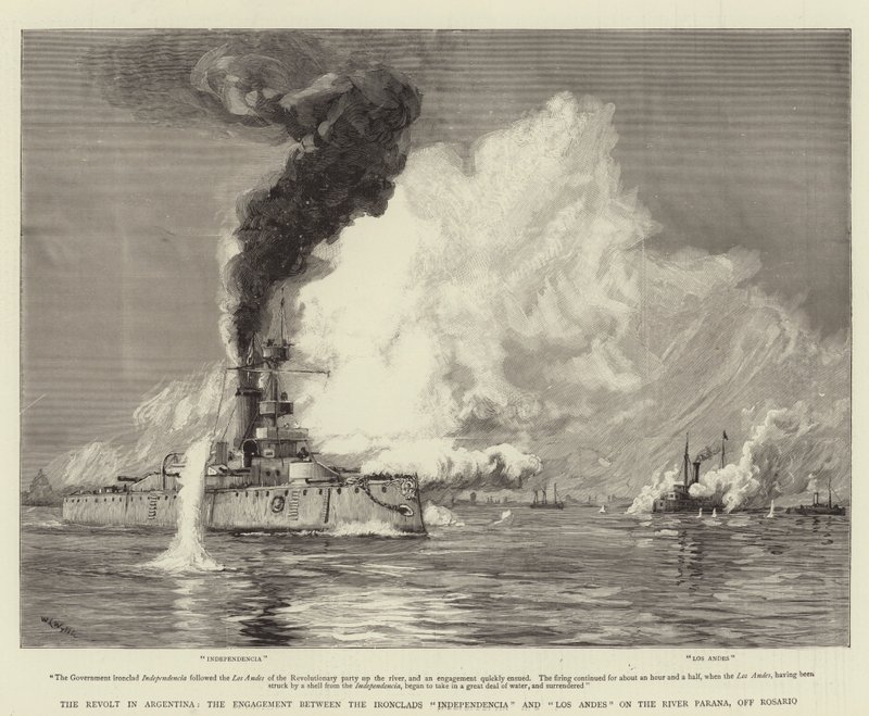 Vzpoura v Argentině, zásnuby mezi Ironclads Independencia a Los Andes na řece Paraná u Rosaria od William Lionel Wyllie