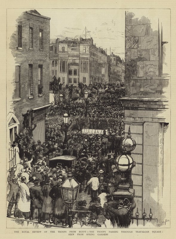 Královská přehlídka vojsk z Egypta, vojska procházející Trafalgarským náměstím, pohled ze Spring Gardens od William Lionel Wyllie