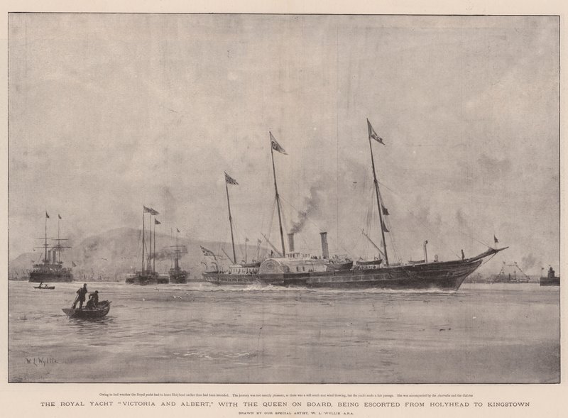 Královská jachta Victoria and Albert s královnou na palubě je eskortována z Holyhead do Kingstownu od William Lionel Wyllie