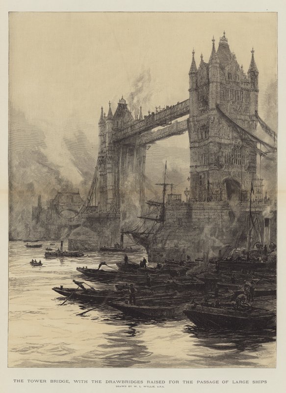 Tower Bridge se zvednutými padacími mosty pro průjezd velkých lodí od William Lionel Wyllie