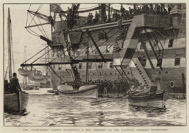 Worcesterští kadeti představují nový záchranný člun National Lifeboat Institute od William Lionel Wyllie
