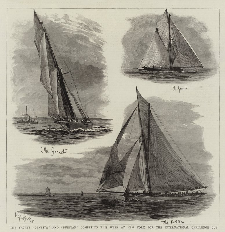 Yachts Genesta a Puritan soutěží tento týden v New Yorku o International Challenge Cup od William Lionel Wyllie