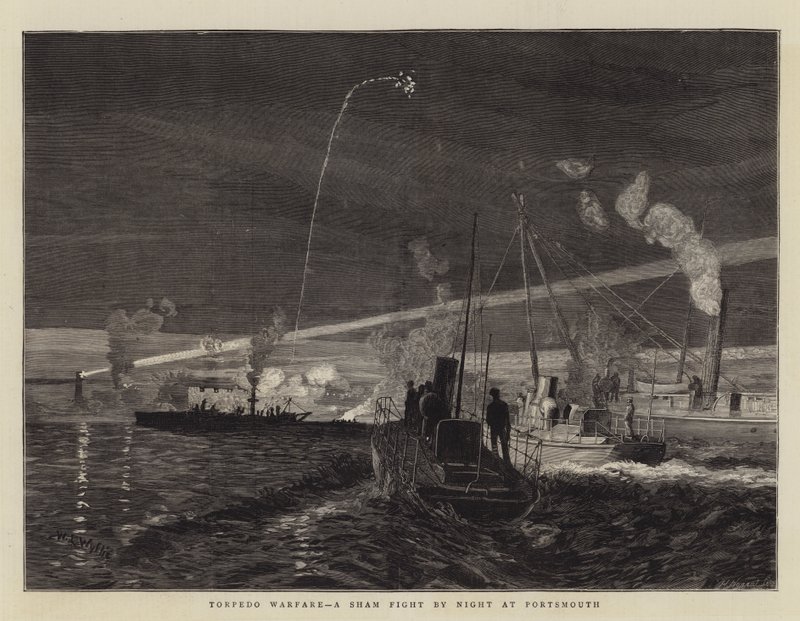 Torpedo Warfare, falešný boj v noci v Portsmouthu od William Lionel Wyllie