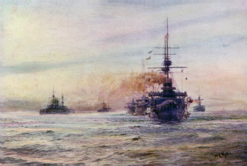 Bitevní lodě z bílé éry třídy Majestic od William Lionel Wyllie