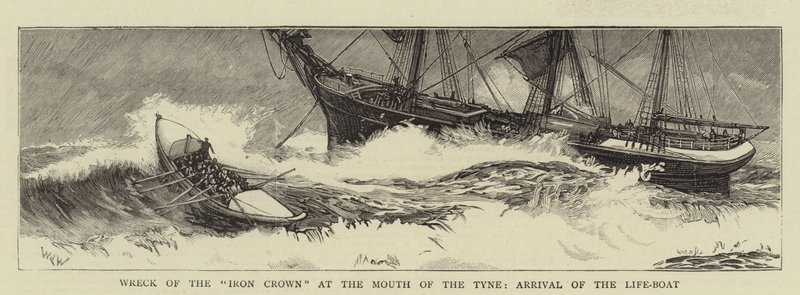 Ztroskotání lodi Iron Crown v ústí řeky Tyne, příjezd záchranného člunu od William Lionel Wyllie