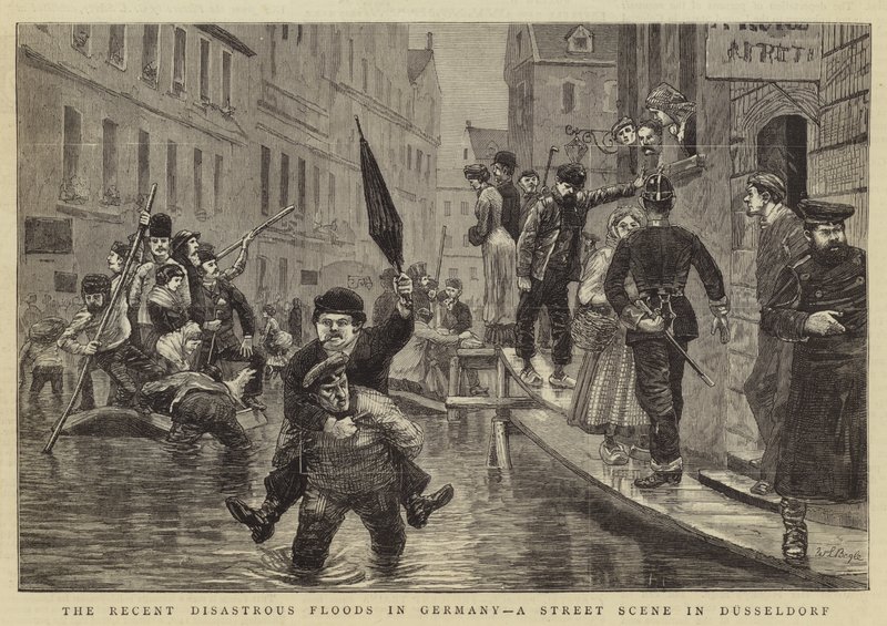 Nedávné katastrofální povodně v Německu, pouliční scéna v Düsseldorfu od William Lockhart Bogle