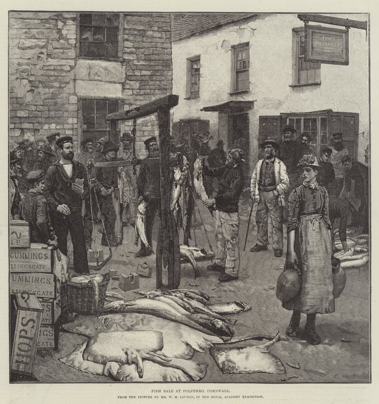 Fish Sale v Polperro, Cornwall od William Mouat Loudan