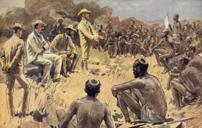 Cecil Rhodes v radě s náčelníky Matabele od William Rainey