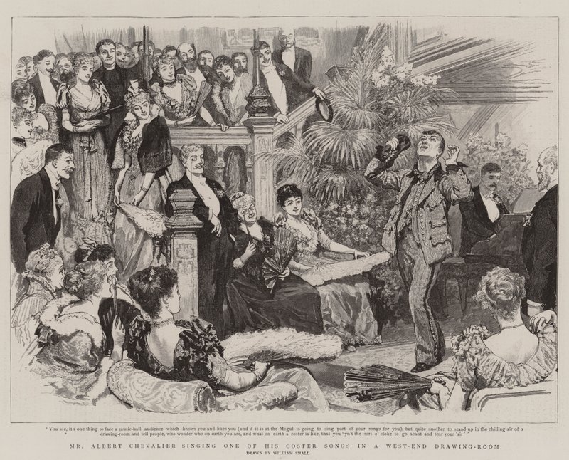 Pan Albert Chevalier zpívá jednu ze svých Costerových písní ve West-End Drawing-Room od William Small