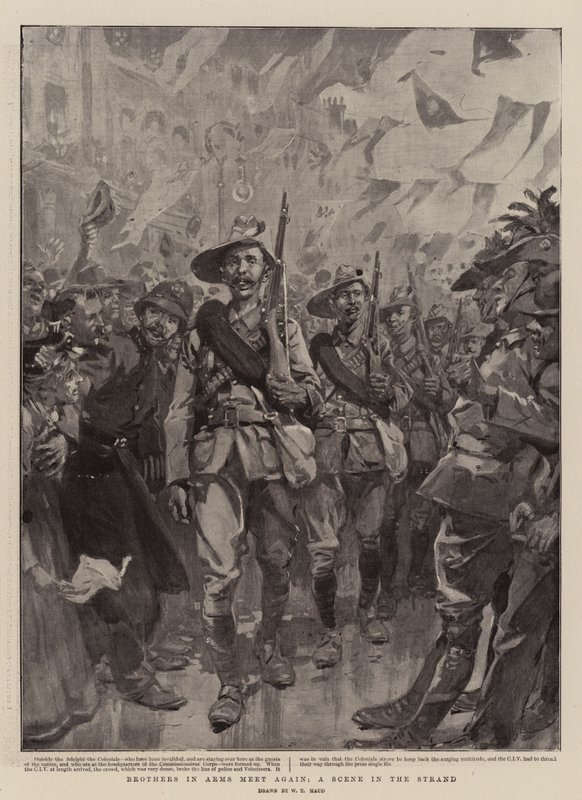 Brothers in Arms Meet again, A Scene in the Strand od William T. Maud