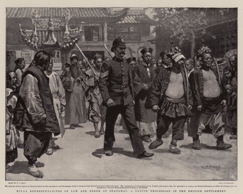 Konkurenční představitelé zákona a pořádku v Šanghaji, procesí domorodců v britském osídlení od William T. Maud