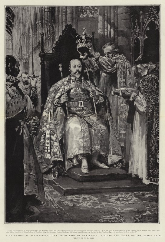 Svrchovaný praporečník, arcibiskup z Canterbury, který nasazuje korunu na hlavu krále. od William T. Maud