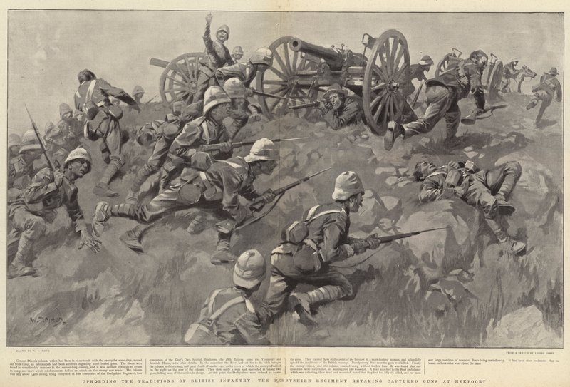 Derbyshire Regiment, který dodržuje tradice britské pěchoty, dobývá ukořistěné zbraně v Hekpoortu od William T. Maud