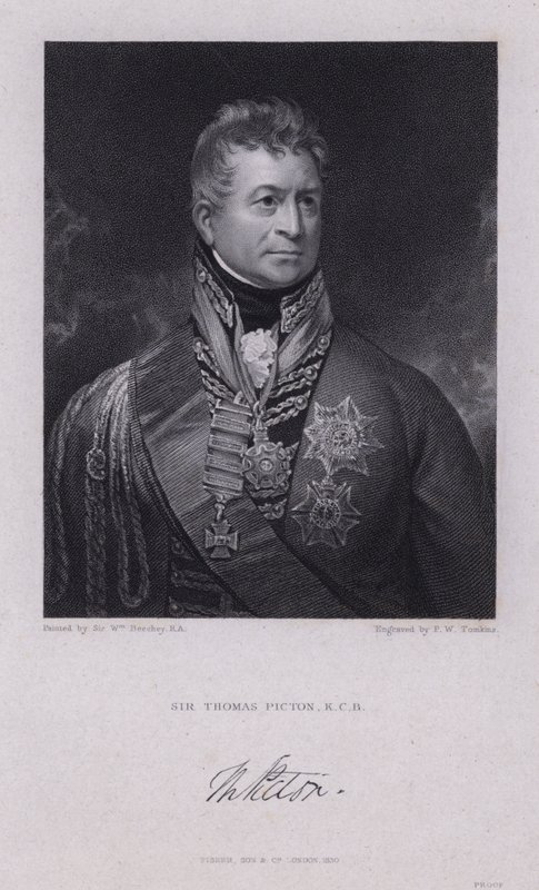 Sir Thomas Picton, velšský generál napoleonských válek zabit v bitvě u Waterloo (rytina) od William (after) Beechey