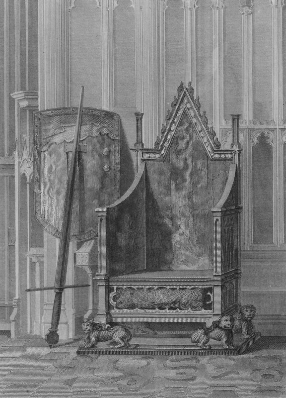 Korunovační křeslo anglických panovníků, se štítem a mečem státu Edwarda Třetího, Westminsterské opatství (rytina) od William (after) Capon