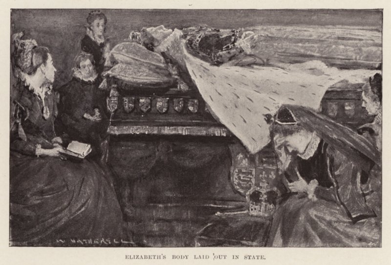 Tělo Alžběty I. bylo uloženo do hrobu, hospoda. 1898 (litografie) od William (after) Hatherell