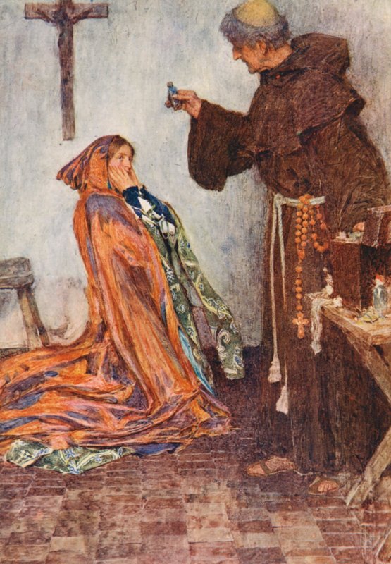 Shakespearův Romeo a Julie: (barevná litografie): Romeo a Julie: IV. dějství, I. scéna (barevná litografie) od William (after) Hatherell