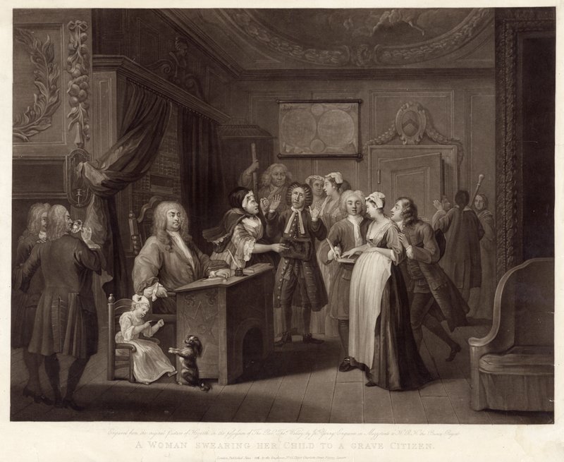 Žena přísahající své dítě hrobovému občanovi (mezzotinta) od William (after) Hogarth